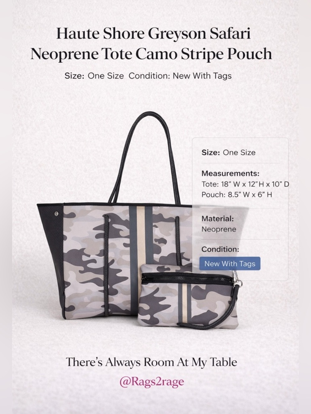 Haute Shore Greyson Safari Neoprene Tote Camo Charcoal Stripe Pouch